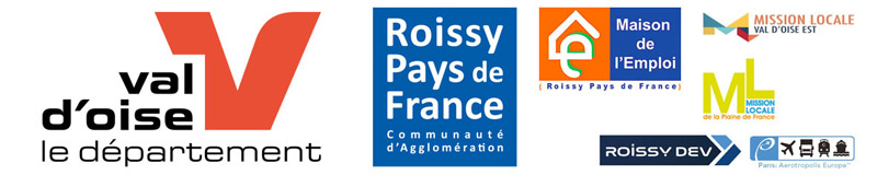 logos Département du Val d’Oise, Communauté d'Agglomération Roissy Pays de France, Maison de l'Emploi Roissy Pays de France, Mission locale Val d'Oise Est, Mission locale Plaine de France, Agence de développement Roissy Dev Aerotropolis